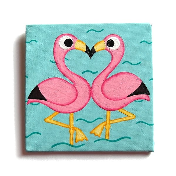 Flamingos in Love Fridge Magnet - original acrylic pink birds painting 