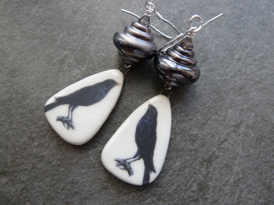 sterling silver earrings, black bird ceramic