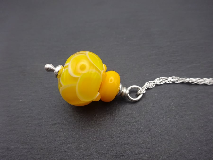 sterling silver chain necklace, yellow petal lampwork glass pendant jewellery