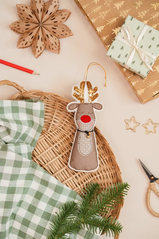 Embroidered Reindeer Christmas Decoration
