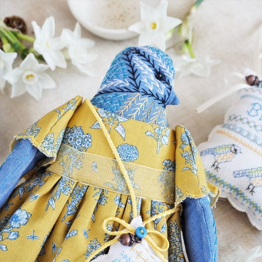 Alora A Hand Embroidered Blue Tit Folk Art Doll