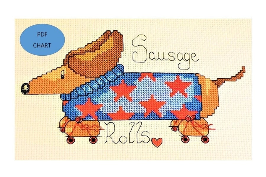Dachshund on Roller Skates Cross Stitch Pattern (Digital Download)
