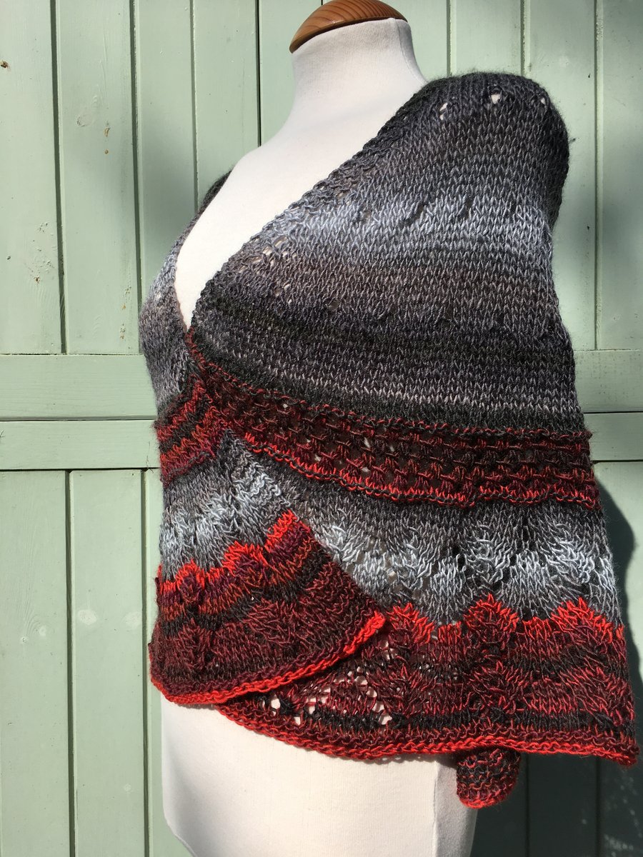 Grey & Red Soft Wool Hand knitted Kindness Crescent Lace Shawl Scarf Wrap
