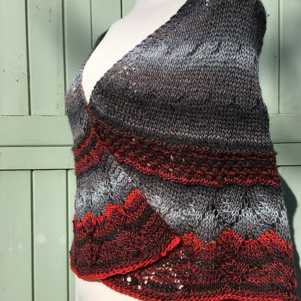 Grey & Red Soft Wool Hand knitted Kindness Crescent Lace Shawl Scarf Wrap