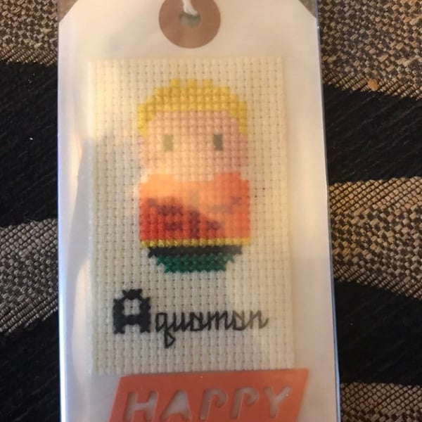 Aqua man happy birthday cross stitch gift tag