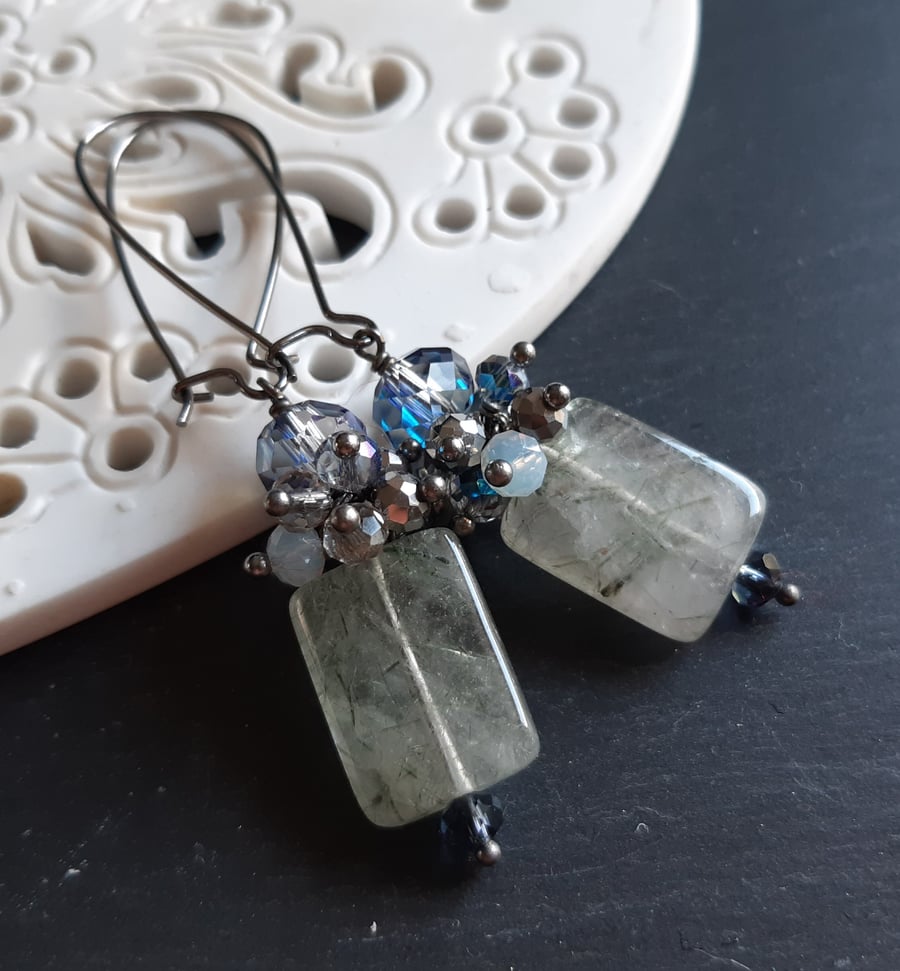 Rutilated quartz and crystal cluster earrings
