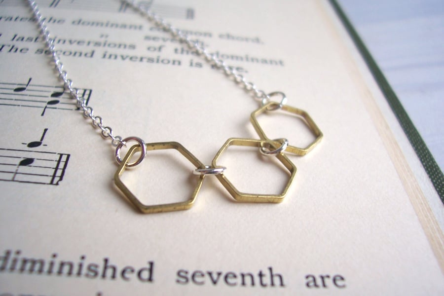 Gold and Silver Hexagon necklace - mixed metal honeycomb - delicate minimalist