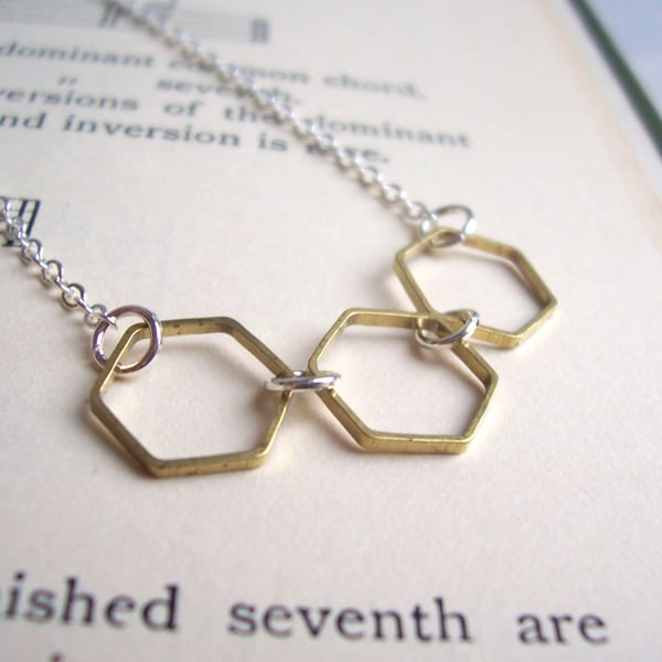 Gold and Silver Hexagon necklace - mixed metal honeycomb - delicate minimalist