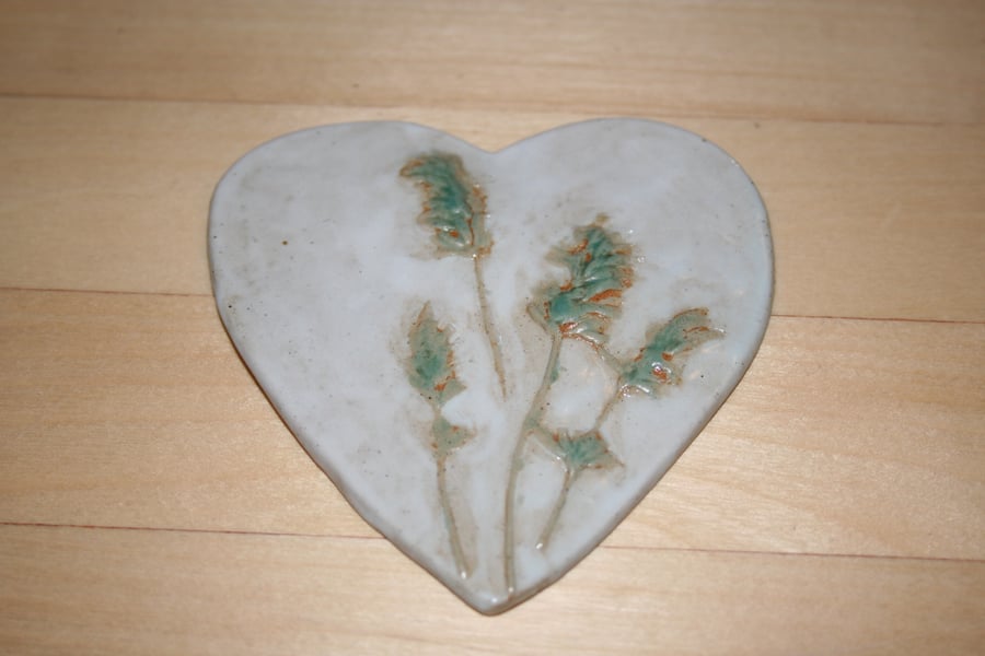 2 x Handmade white & green Heart & lavender  ceramic decoration