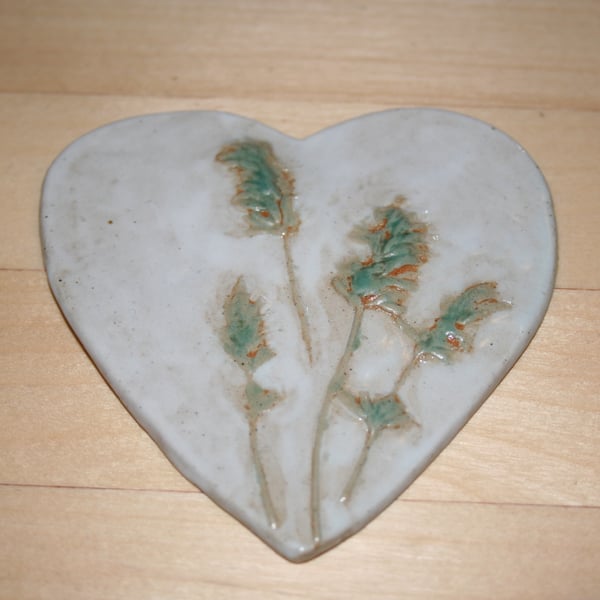 2 x Handmade white & green Heart & lavender  ceramic decoration