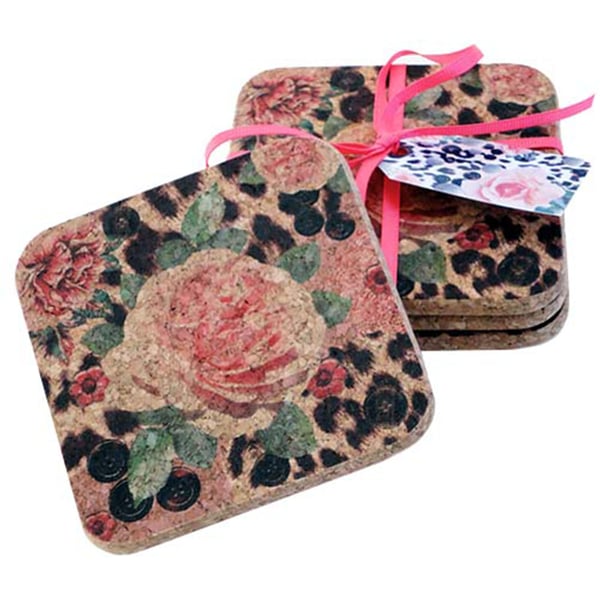 Cork Coasters – Pink Rose and Skinprint – unique design – Square Set of Four