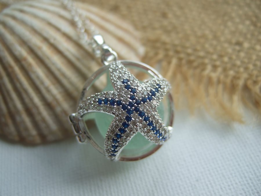 Sea glass marble necklace with codd marble, starfish locket with beach marble