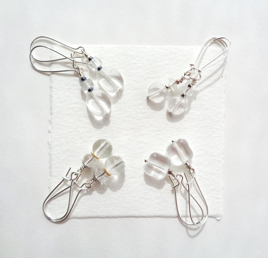 Clear Glass Silver Earrings, Kidney Wire Dangle Earrings, choice