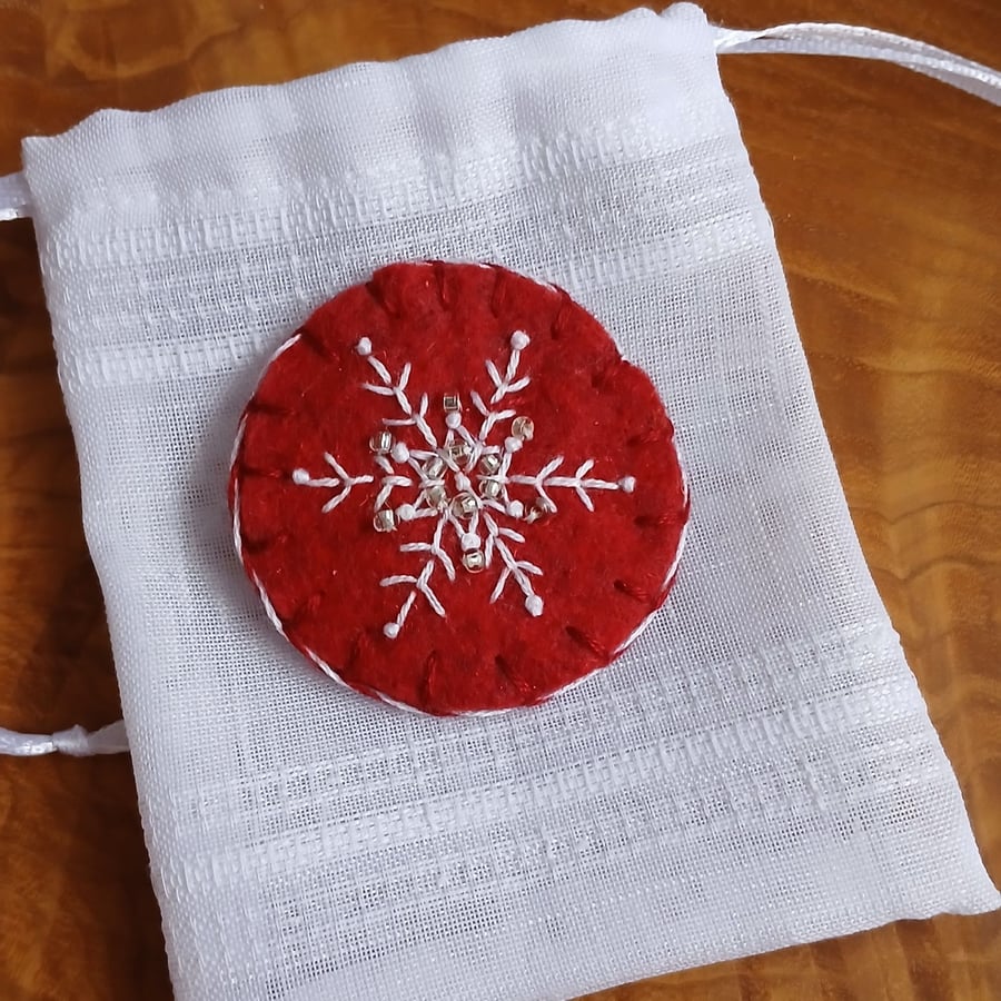 Hand Embroidered Snowflake Brooch with Beading, Christmas Brooch