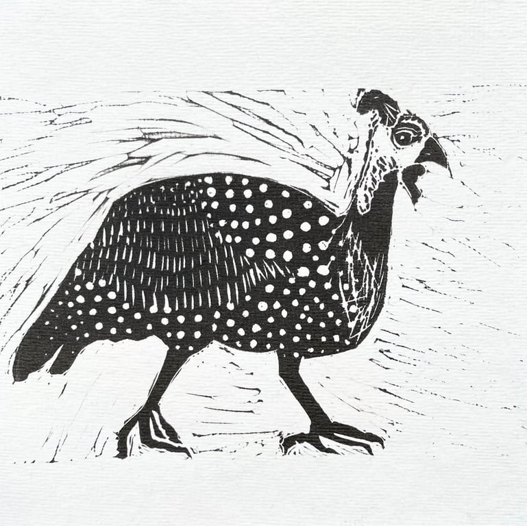Guineafowl Linocut Print on Khadi Paper Wall Art