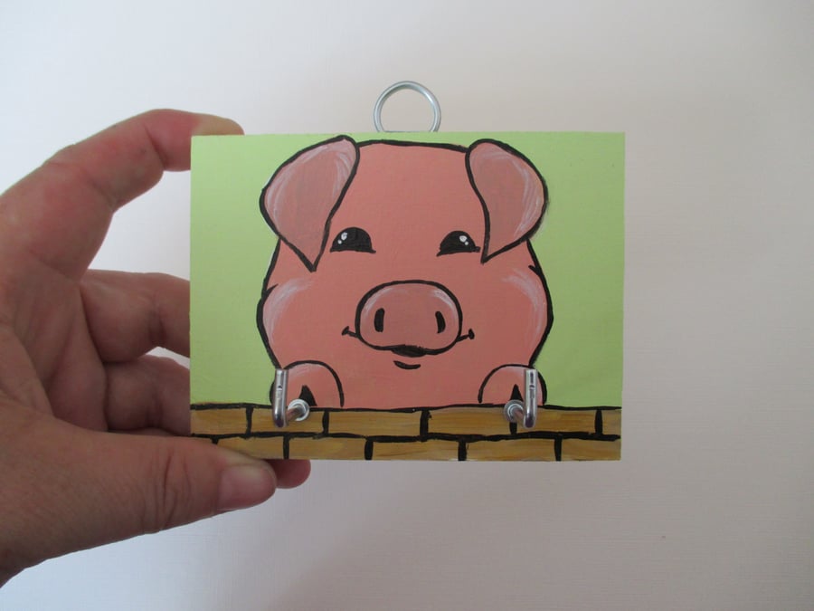 Pink Pig Piggy Key Rack Holder Original Painting Piglet Picture Art