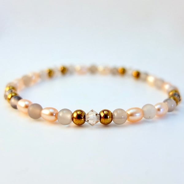 Freshwater Pearl And Grey Agate Bracelet - Handmade In Devon, Free UK Delivery.