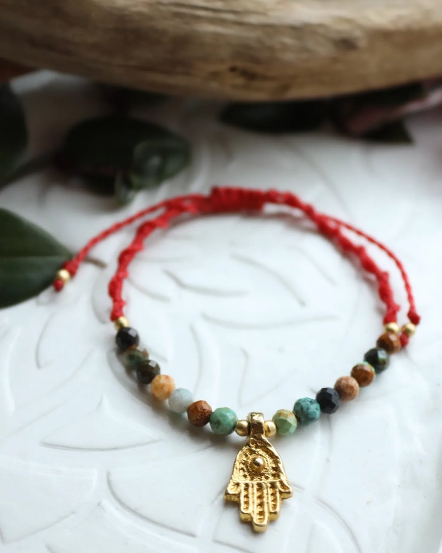 Women's bracelet with natural stone African Turquoise and brass hamsa hand 