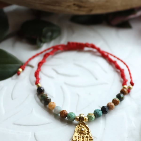 Women's bracelet with natural stone African Turquoise and brass hamsa hand 