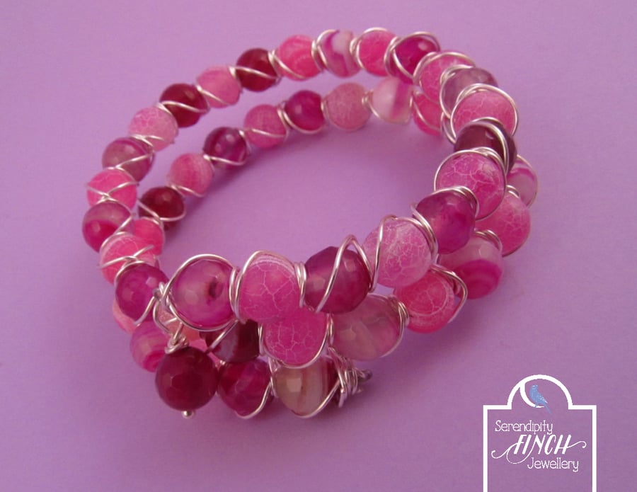 Pink Agate Wire Wrapped Memory Wire Bracelet