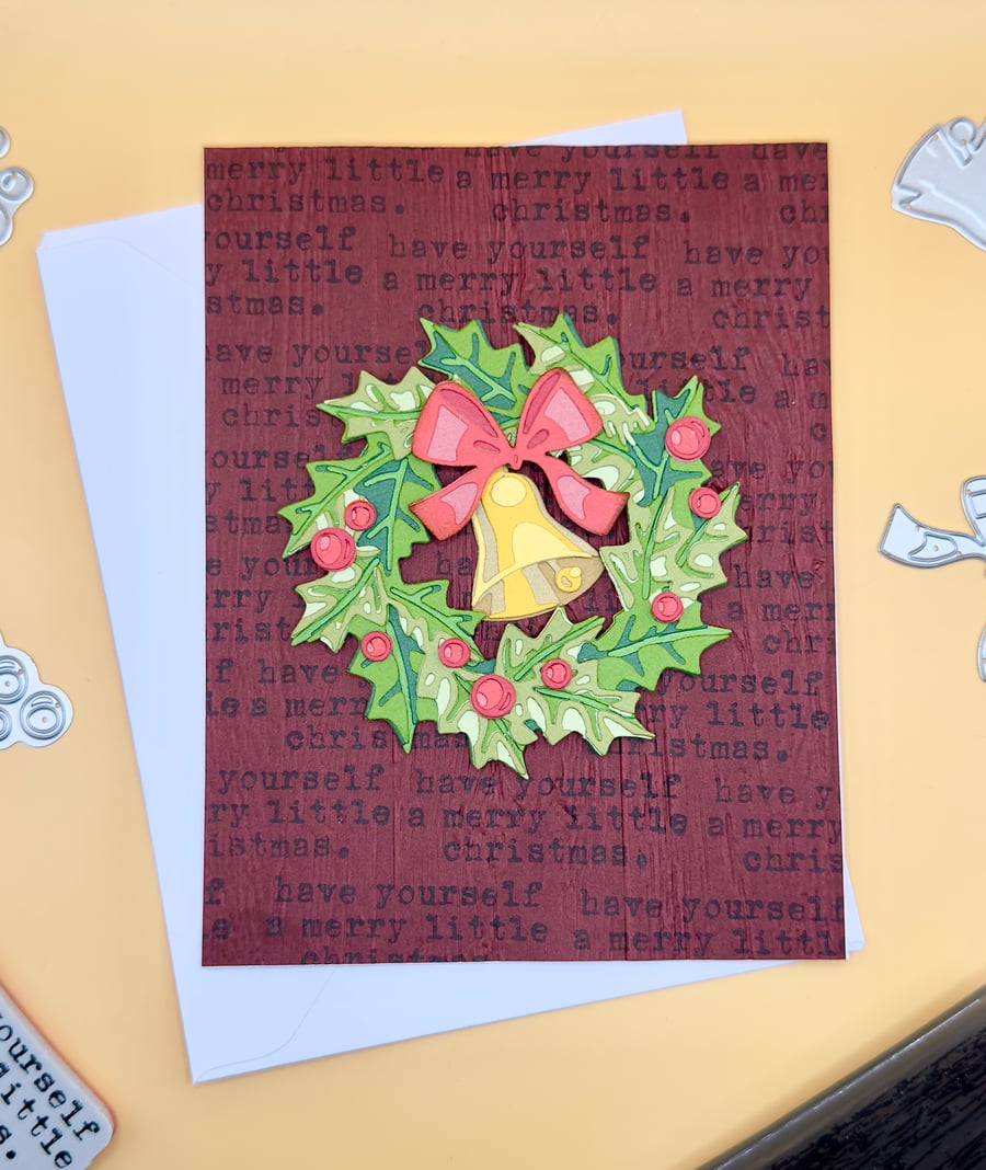 Handmade Christmas Card, Festive Wreath with Bow & Bell, Holiday Greeting