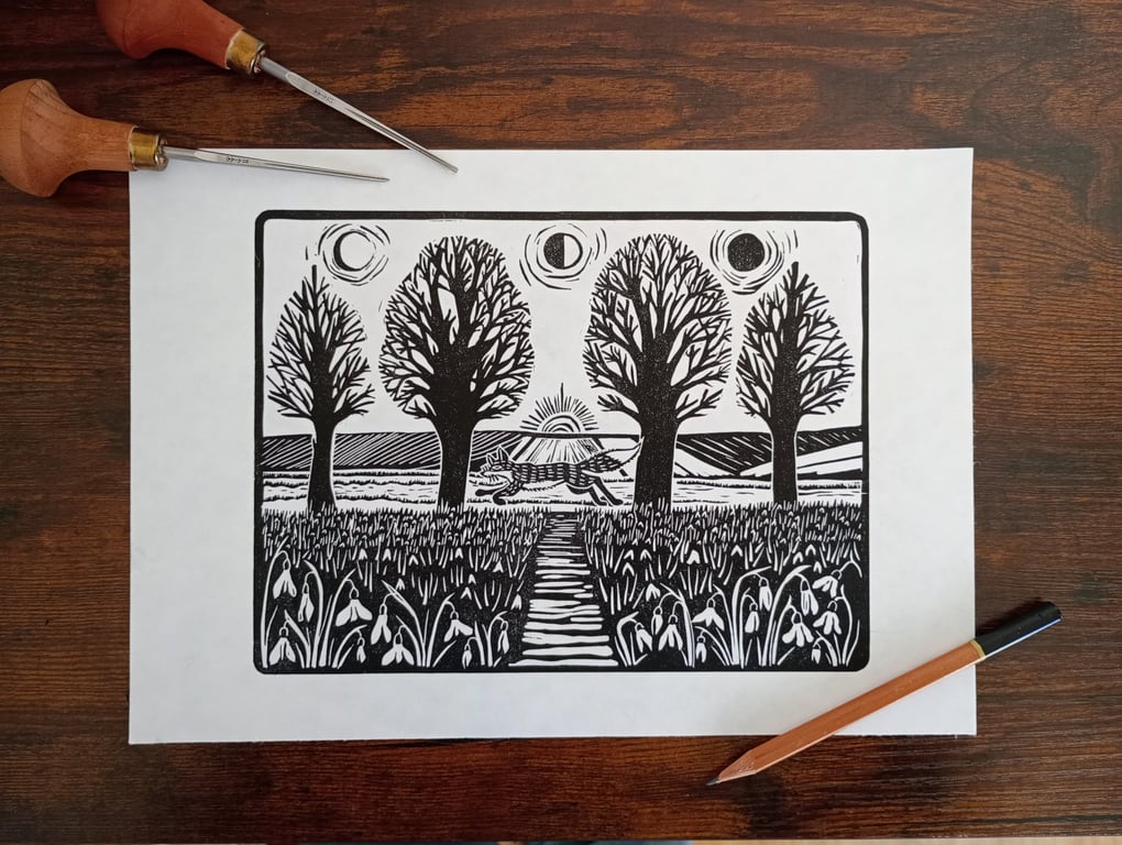 Winter Fox with Snowdrops  - original handmade linocut print
