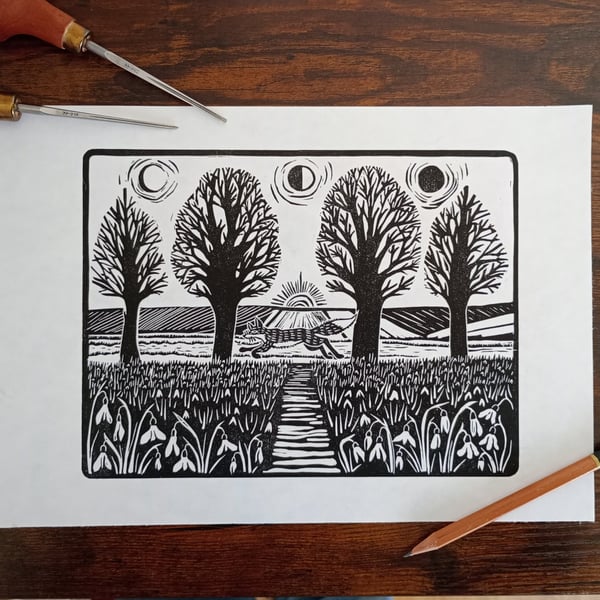 Winter Fox with Snowdrops  - original handmade linocut print