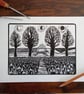 Winter Fox with Snowdrops  - original handmade linocut print