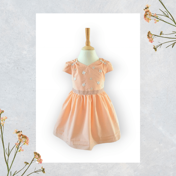 Cute Peach Summer Dress with Rainbow Embroidery and Flower Bodice. Age 2-3yrs