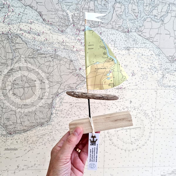 Lancashire - Fleetwood, little driftwood sailboat ornament, nautical map sail