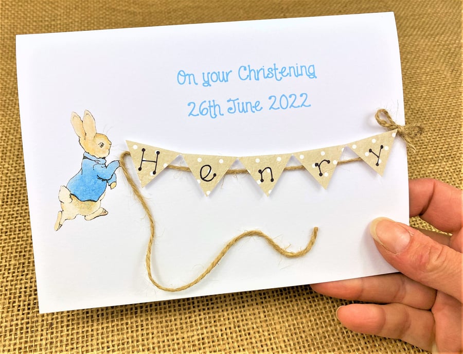 Personalised Peter Rabbit Christening Baptism Naming Day card with Bunting