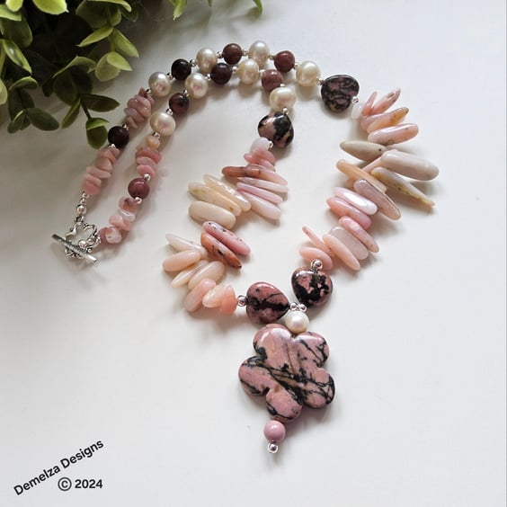 Artisan Pink Opal, Culture Pearls, Rhodanite & Rare Rhodochrosite Necklace 