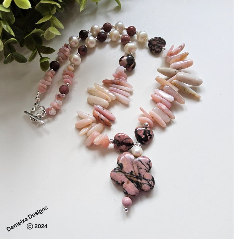 Artisan Pink Opal, Culture Pearls, Rhodanite & Rare Rhodochrosite Necklace 