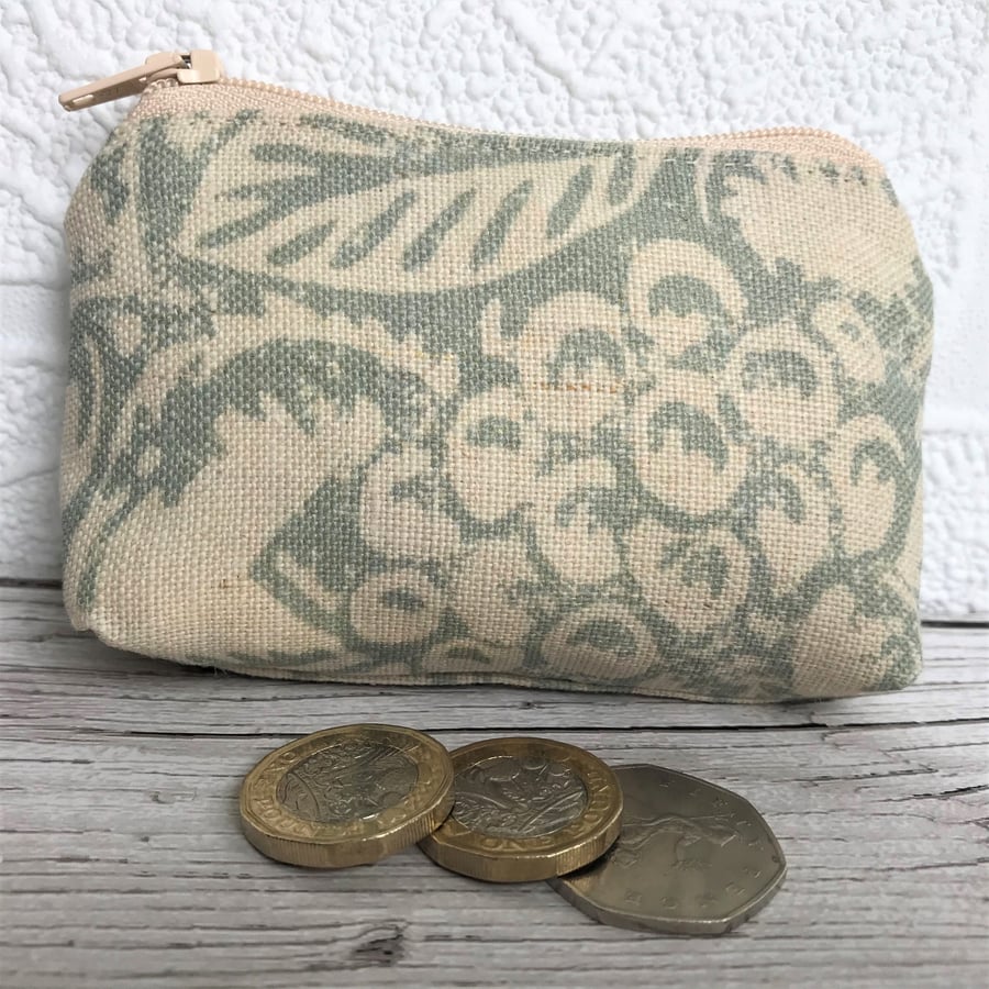 SALE, Small purse, coin purse with pale green and cream leaves and berries