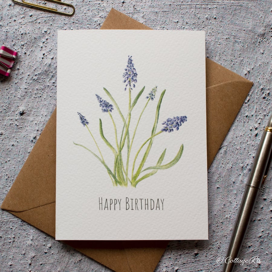 Muscari - Grape Hyacinth Birthday Card Hand Designed By CottageRts