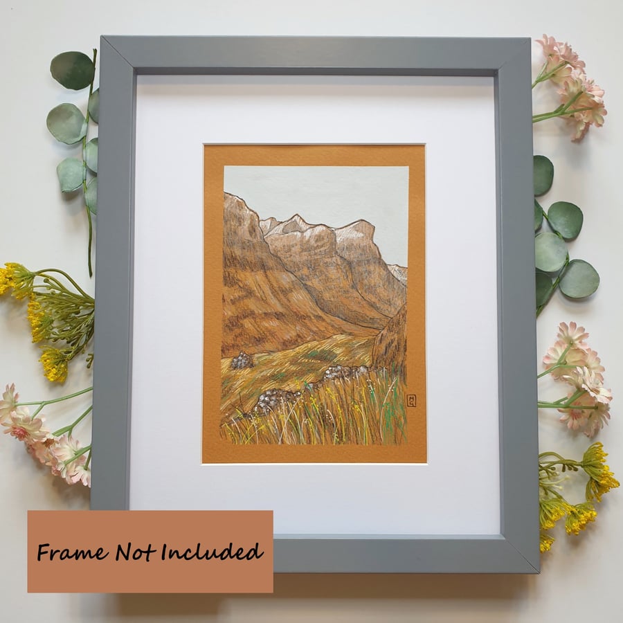 Three Sisters of Glencoe Original artwork, Scottish landscape drawing