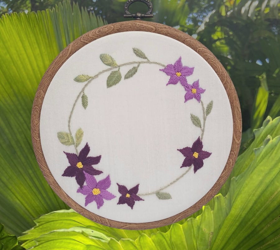 Flower Wreath Embroidery, Clematis Flower Embroidery, Clematis Wreath Embroidery