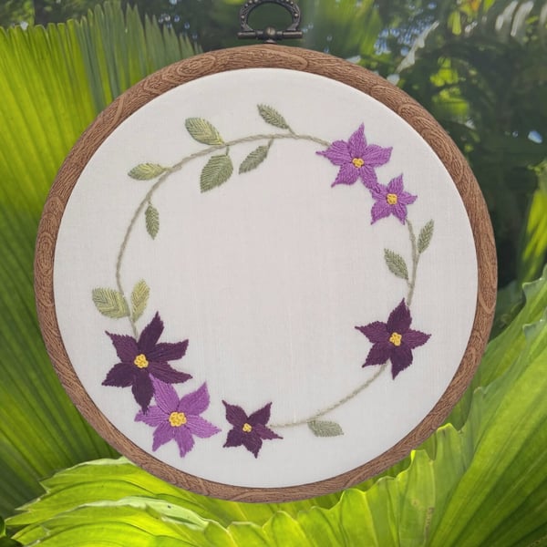 Flower Wreath Embroidery, Clematis Flower Embroidery, Clematis Wreath Embroidery