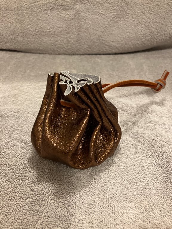 Sparkly metallic copper leather drawstring dice bag - coin pouch - FREE SHIPPING