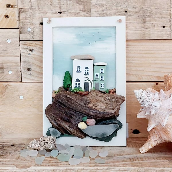 Miniature Coastal Cottages in Hand Painted Frame - Driftwood & Sea Glass Decor