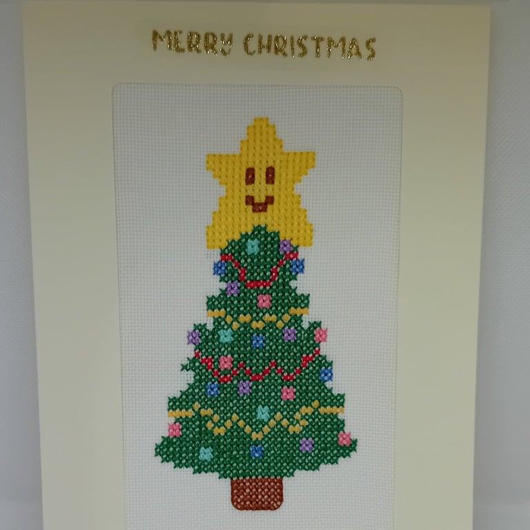Handmade Christmas Greetings Card with Envelope - Cross Stitch