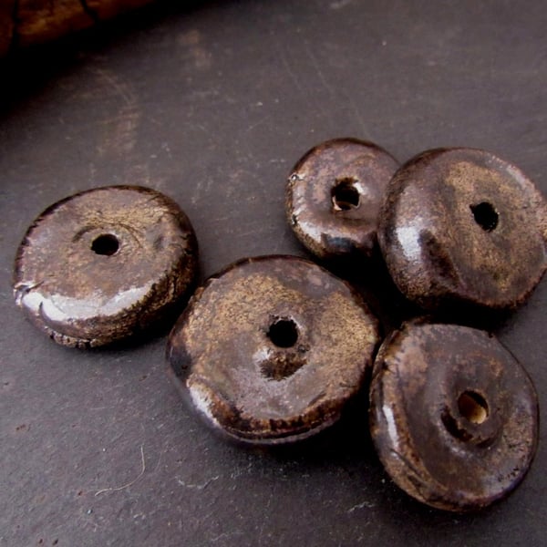 5 Medium Bronze Brown Glazed Chubby Disc Clay Beads