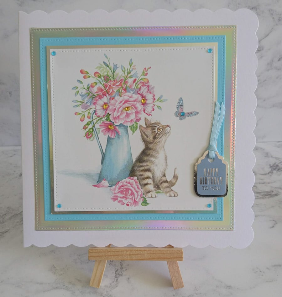 3D Luxury Handmade Card Happy Birthday to You Cute Cat Kitten and Jug of Flowers
