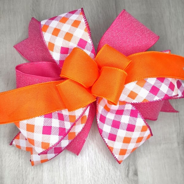 Pink and orange decorative checked fabric ribbon bow