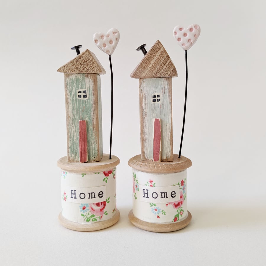 Wooden House on a Vintage Floral Bobbin with Clay Heart 'Home'