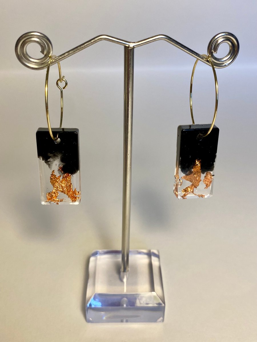 Handmade black resin and copper flake rectangle hoop earrings
