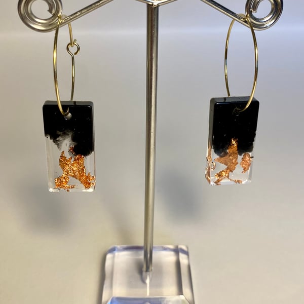 Handmade black resin and copper flake rectangle hoop earrings
