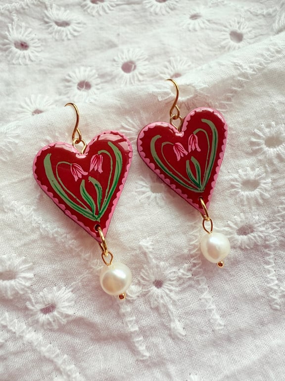 Hand Painted Tulip Heart Floral Earrings - FREE SHIPPING