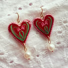 Hand Painted Tulip Heart Floral Earrings - FREE SHIPPING
