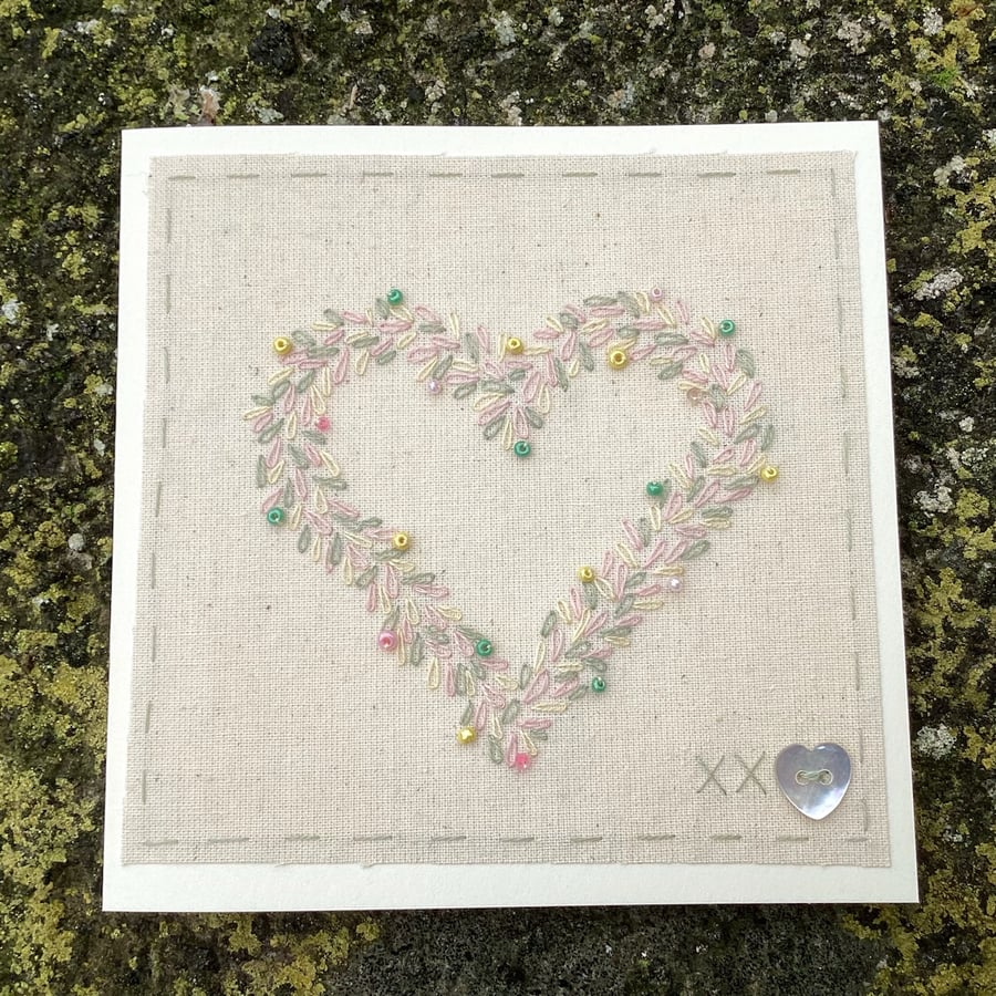 Pretty pastel beaded heart hand embroidered card